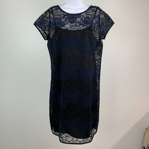 Loft Dress sz 8 Shift Black Navy Lace Overlay Above Knee